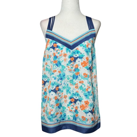 Lauren Conrad Floral Print Sleeveless Top Strappy Back Geometric Neckline Blue - Picture 4 of 8